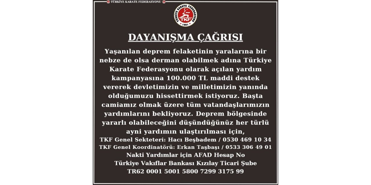 Türkiye Karate Federasyonu’ndan 100 bin TL destek