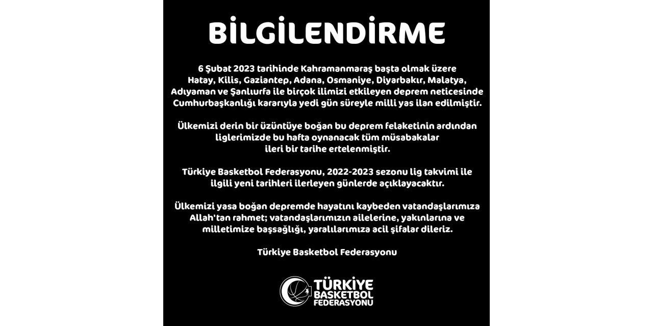 Türkiye Basketbol Federasyonu, maçların ertelendiğini duyurdu