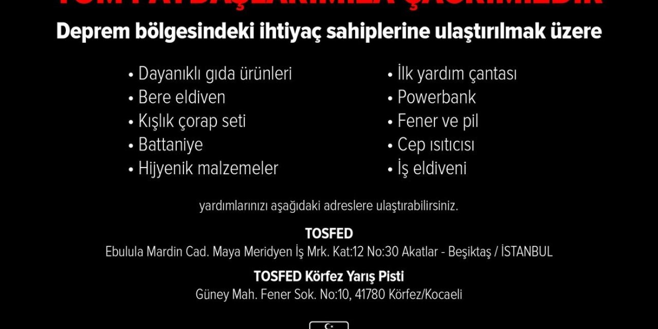 TOSFED, depremzedeler için yardım çağrısında bulundu