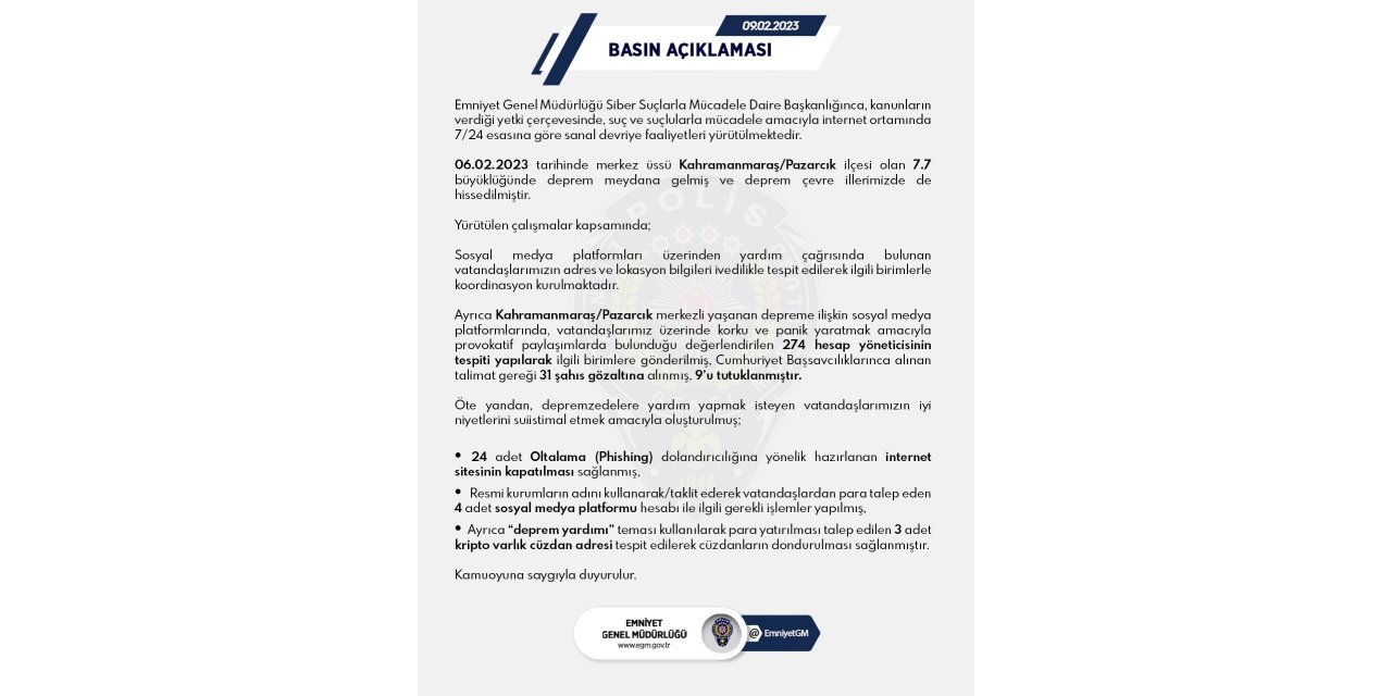 EGM deprem sonrası provokatif paylaşımlar için harekete geçti: 31 gözaltı