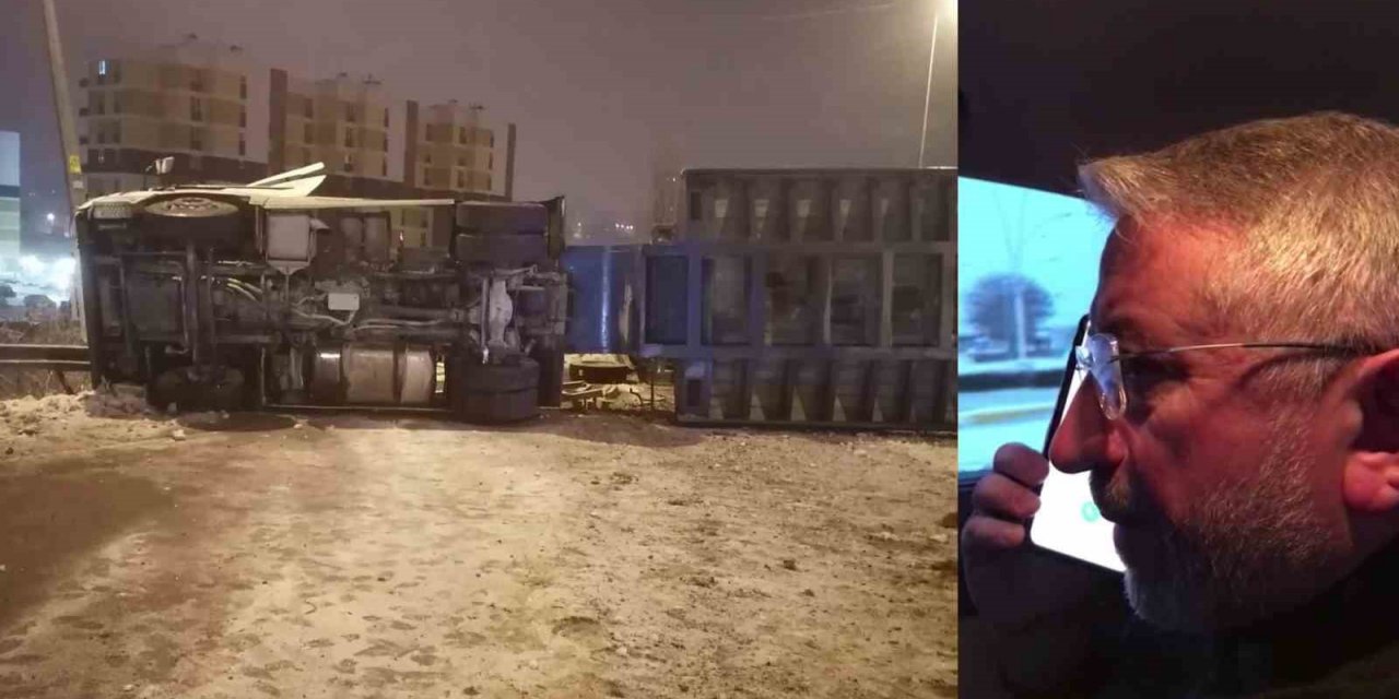 Deprem bölgesine giden ekskavatör yüklü tır kaza yaptı