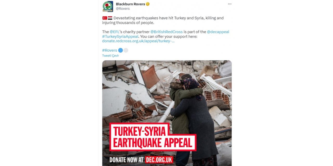 Blackburn Rowers’tan depremzedelere destek