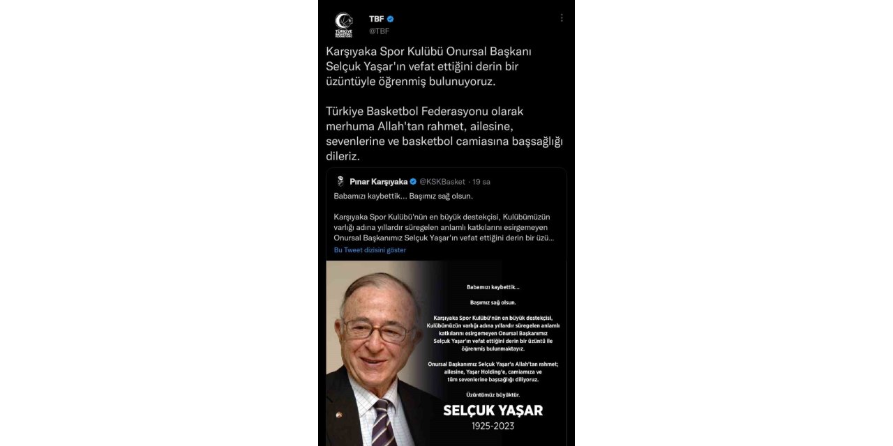 TBF’den Selçuk Yaşar için taziye mesajı