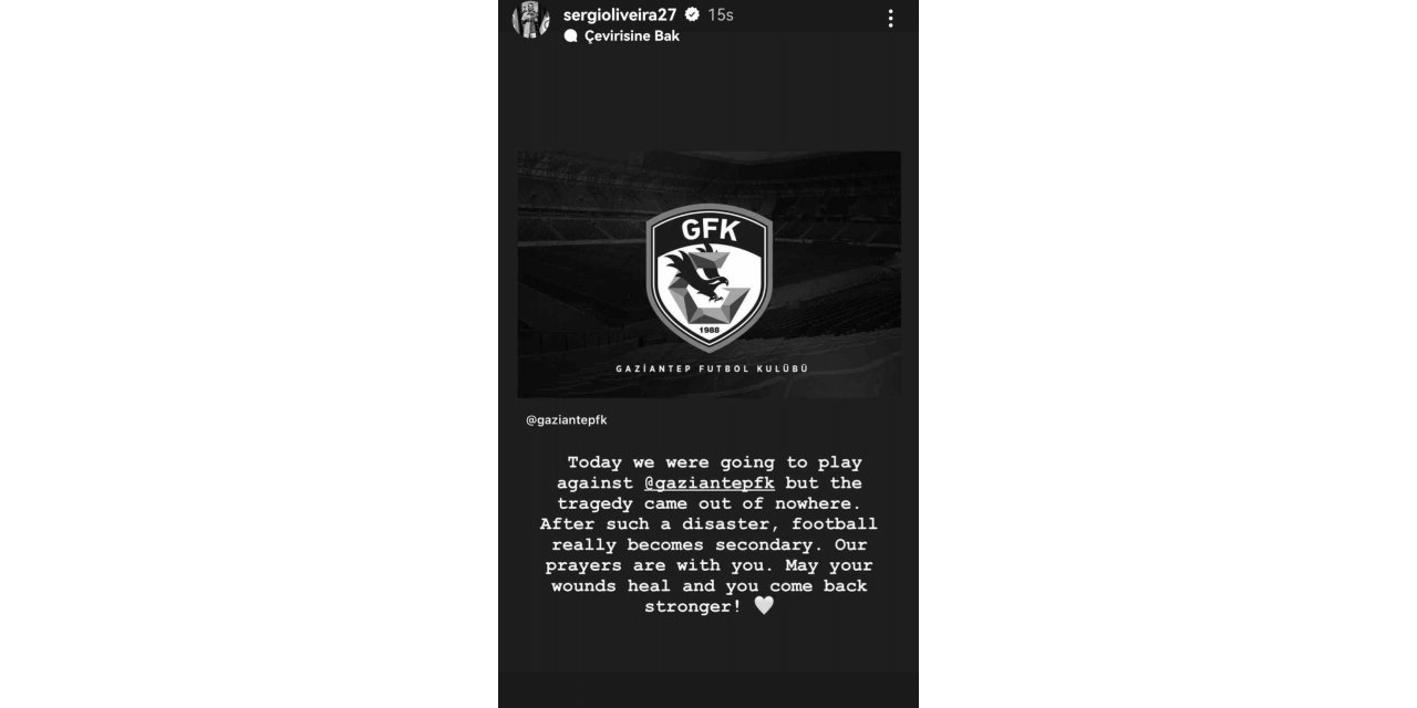 Sergio Oliveira’dan, Gaziantep FK mesajı: “Umarız yaralarınızı sarar ve daha güçlü geri dönersiniz”