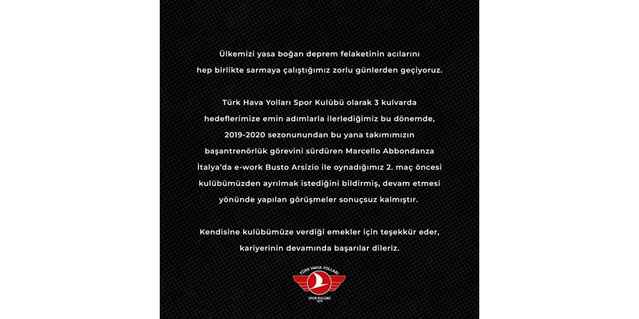 THY Kadın Voleybol Takımı’nda Başantrenör Marcello Abbondanza ile yollar ayrıldı