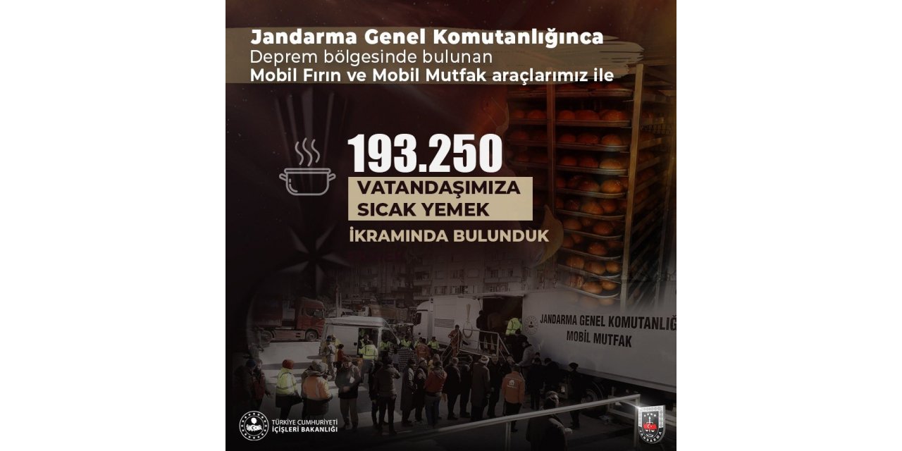 Jandarma Genel Komutanlığı, deprem bölgesinde 193 bin 250 vatandaşa sıcak yemek ikramında bulundu