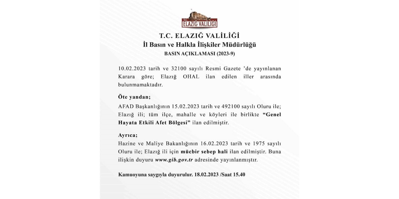 Elazığ Valiliği’nden OHAL açıklaması