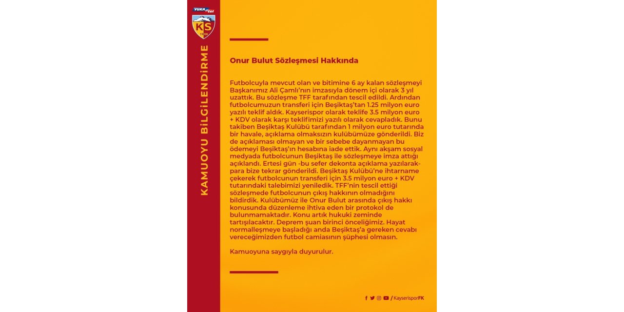 Kayserispor’dan Onur Bulut açıklaması