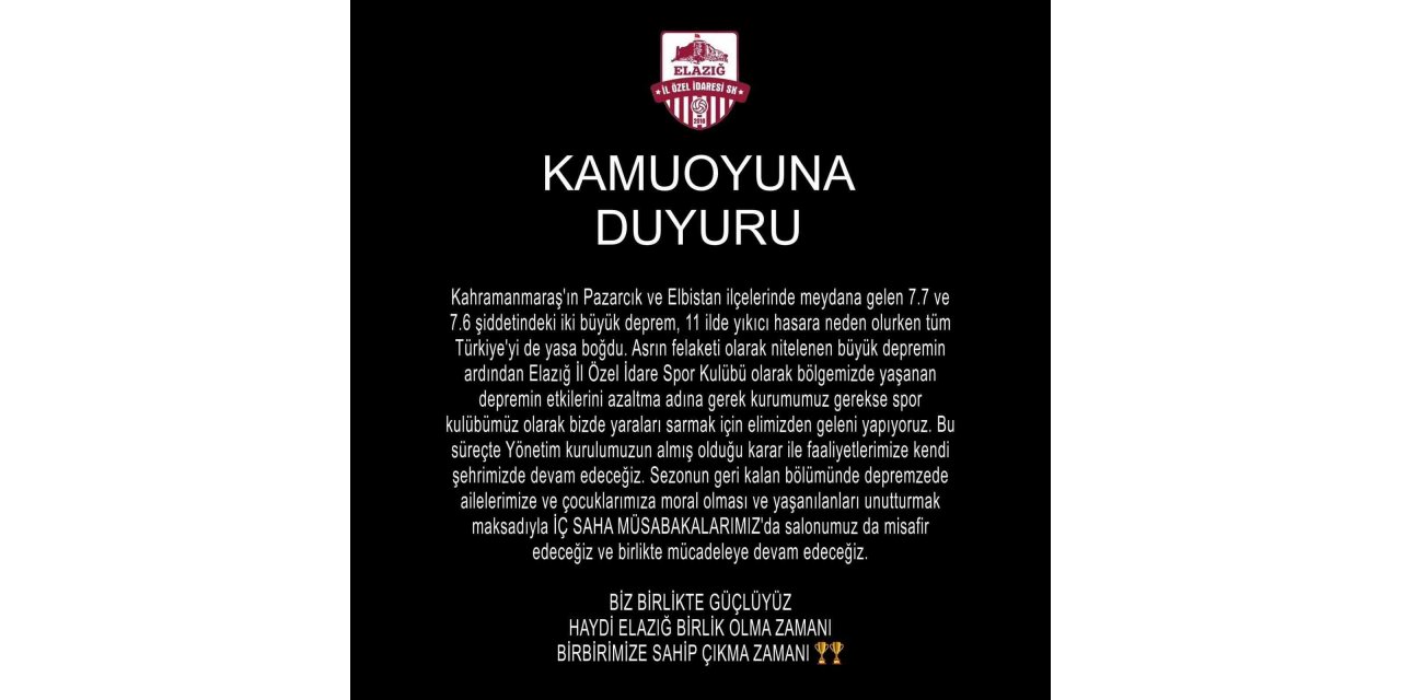 Elazığ İl Özel İdare SK: "Faaliyetlerimize kendi şehrimizde devam edeceğiz"