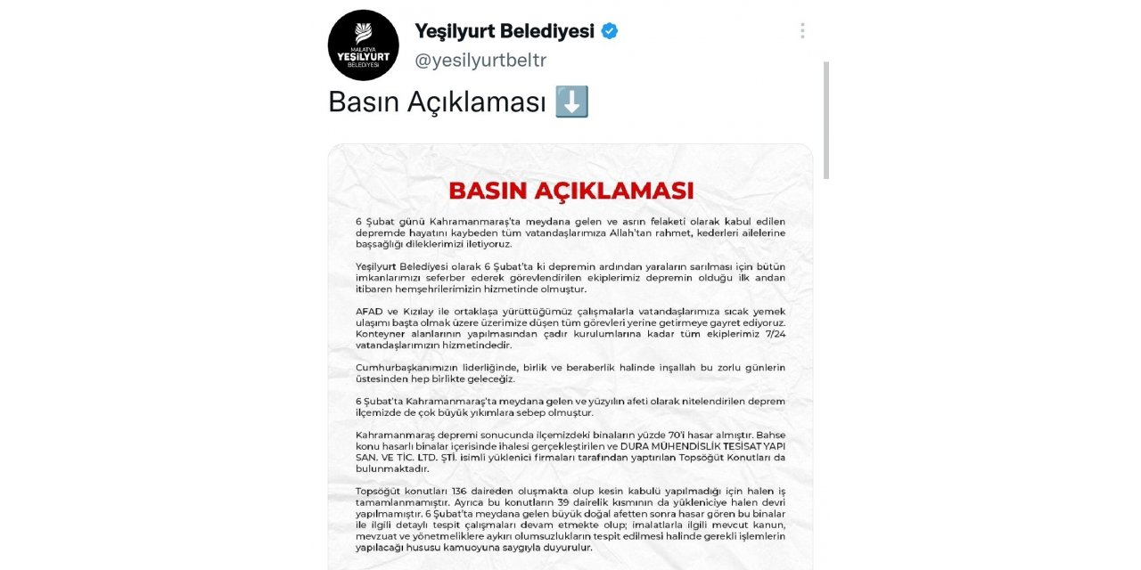 Yeşilyurt Belediyesi’nden Topsöğüt Konutları açıklaması
