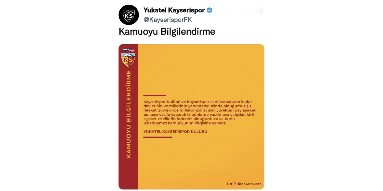 Kayserispor’dan Açıklama: "Kayserispor camiası sonuna kadar devletinin ve milletinin yanındadır"