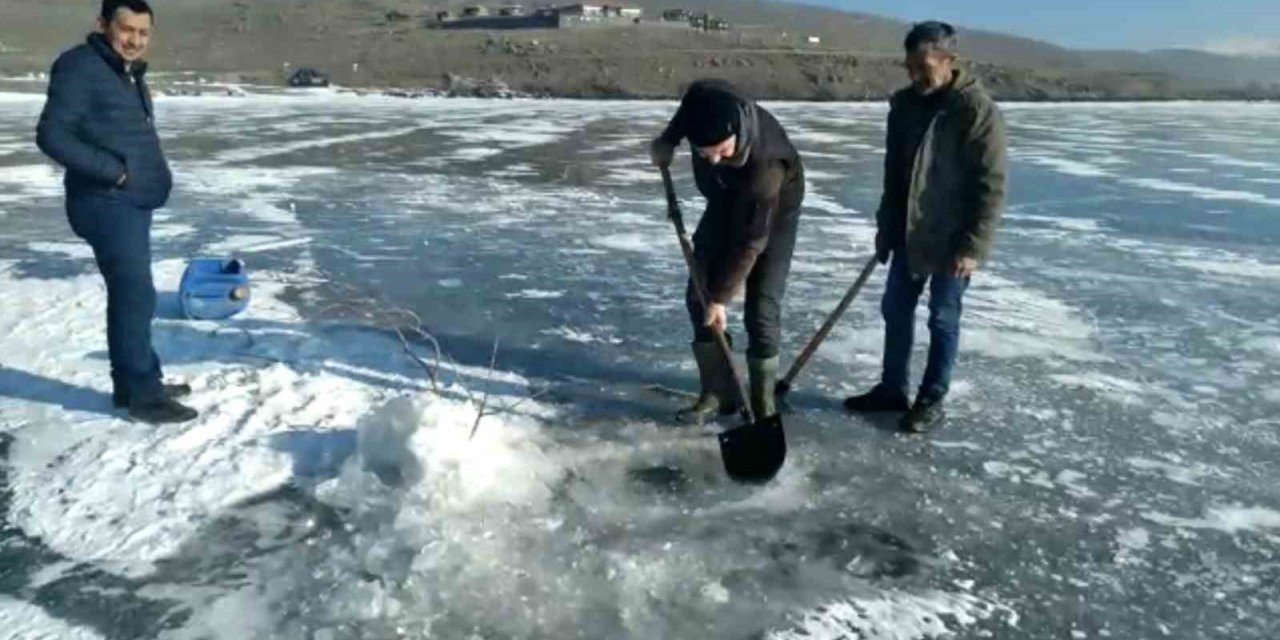 Kars’ta balıkçıların Eskimo usulü balık avı kamerada