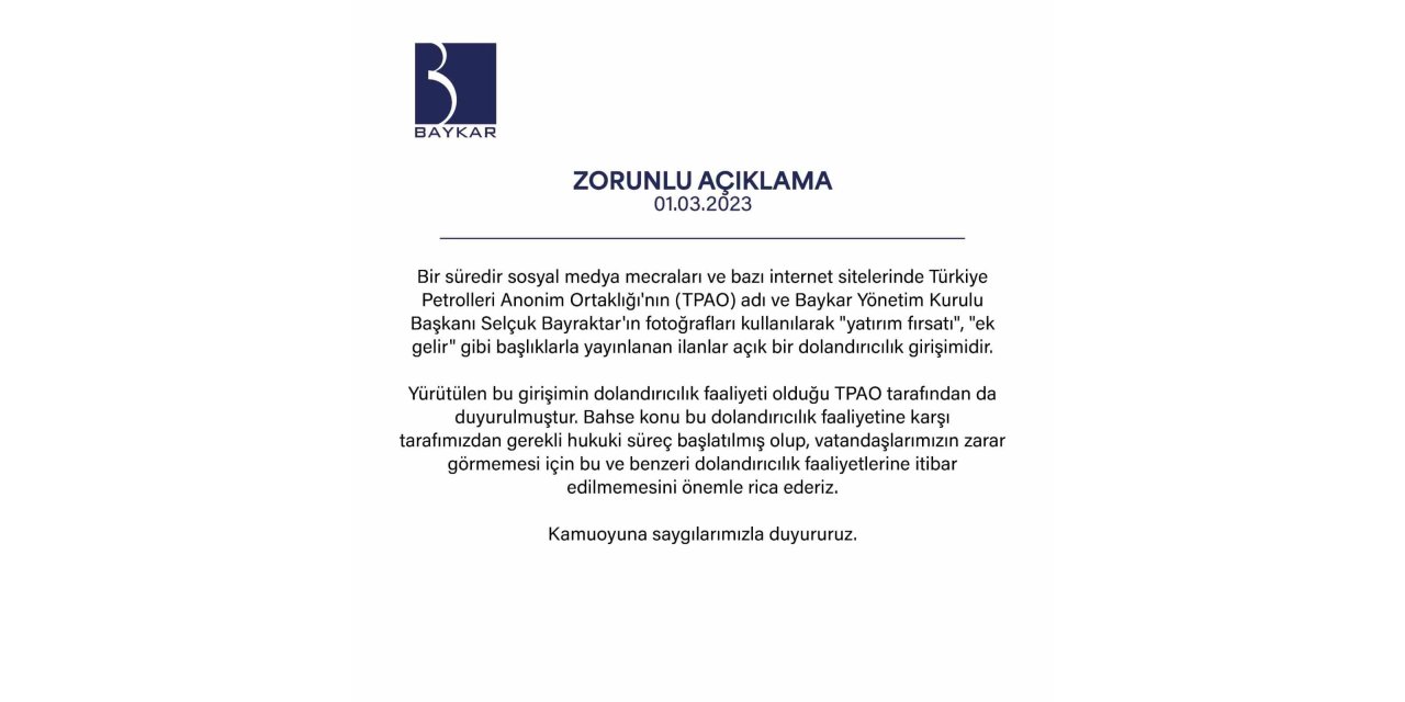 Selçuk Bayraktar’ın fotoğrafları kullanılarak ilan verilmesine ilişkin Baykar’dan açıklama