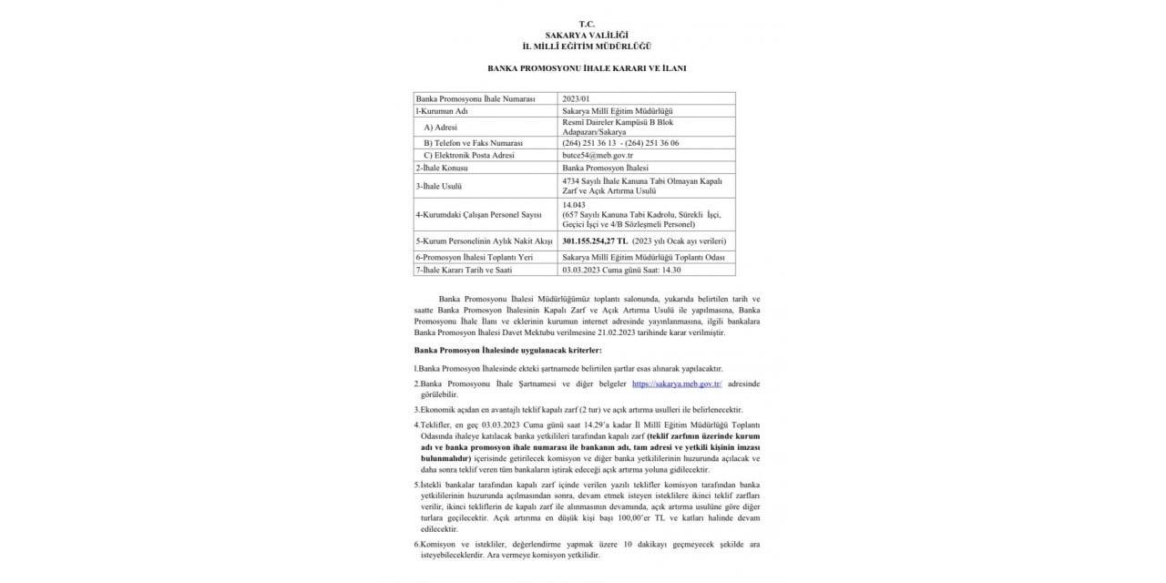 Sakarya İl Milli Eğitim, 14 bin personeli için banka promosyonu ihalesine çıkıyor
