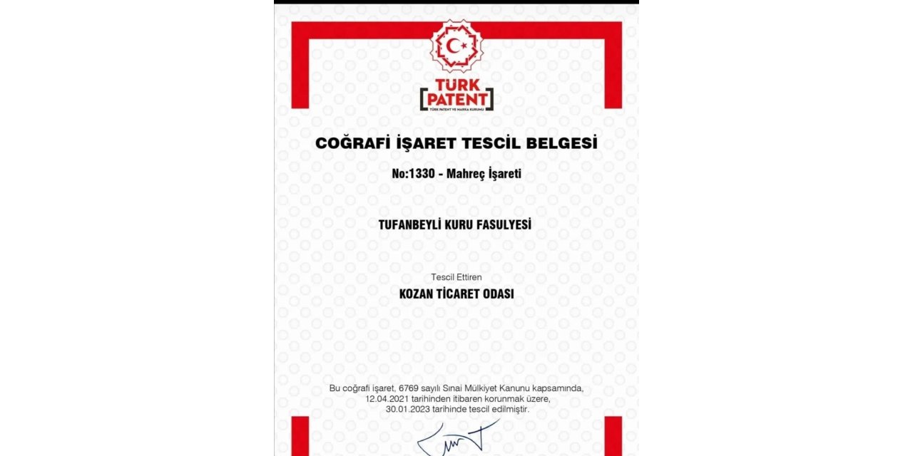 Tufanbeyli fasulyesine coğrafi işaret tescili