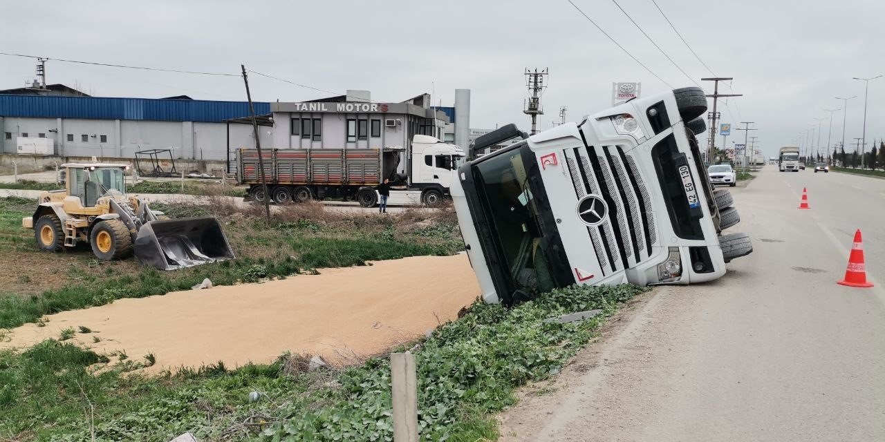 Bandırma’da buğday yüklü tır devrildi