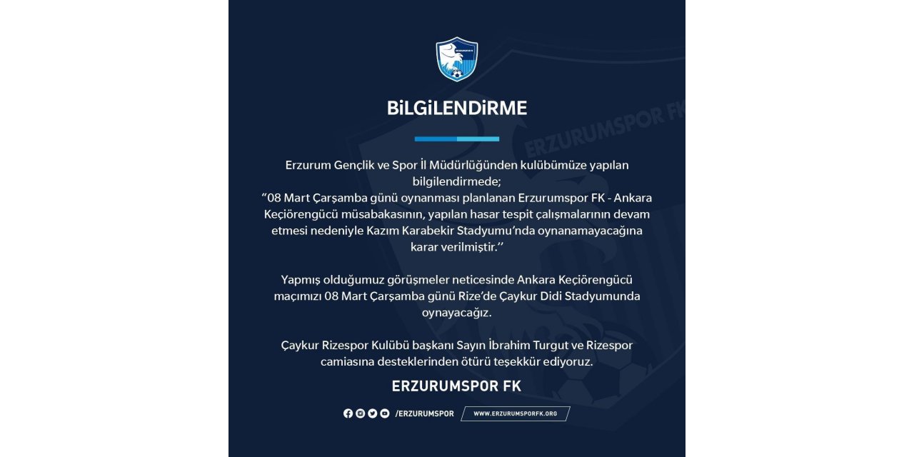 Depremden etkilenen stadyumda Ankara Keçiörengücü maçı oynanmayacak