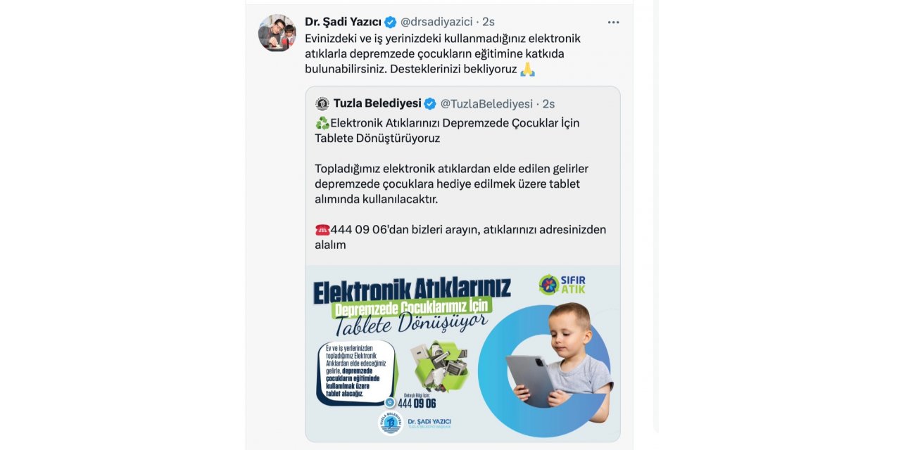 Tuzla Belediyesi’nden deprem bölgesindeki çocuklar için tablet kampanyası