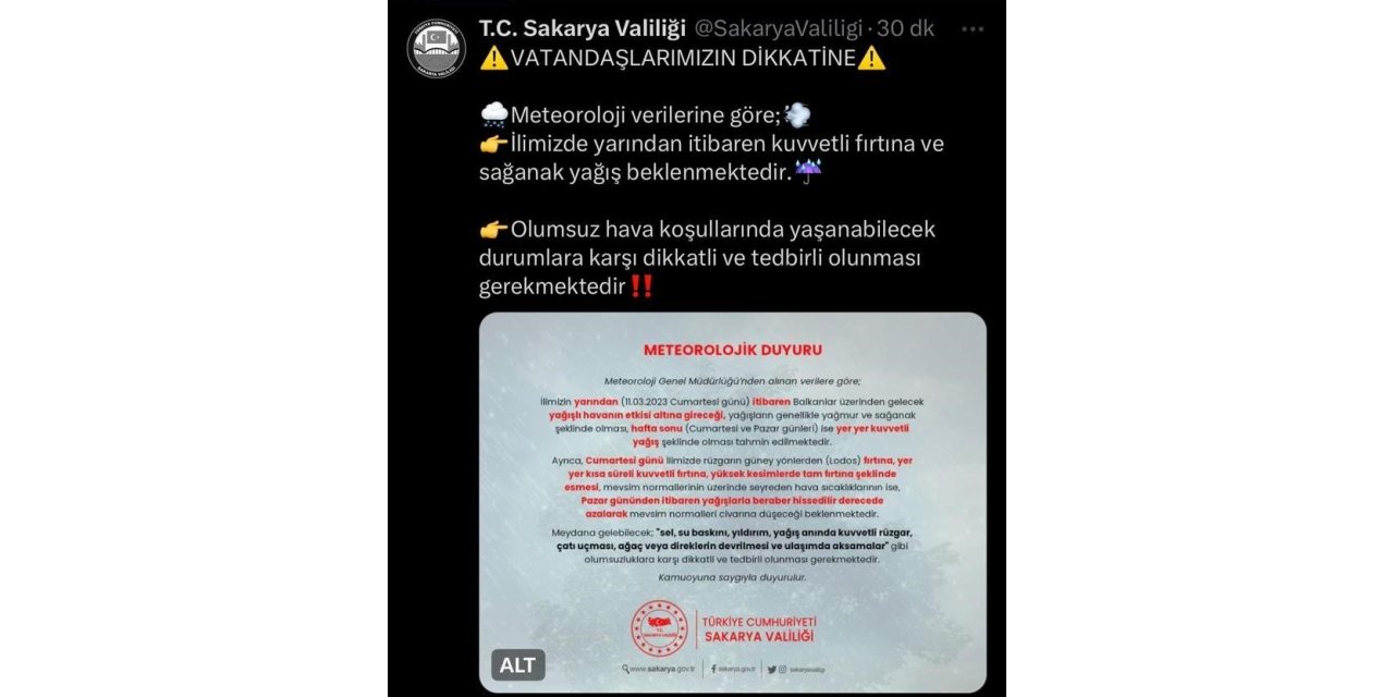 Valilikten kuvvetli fırtına ve sağanak yağış uyarısı