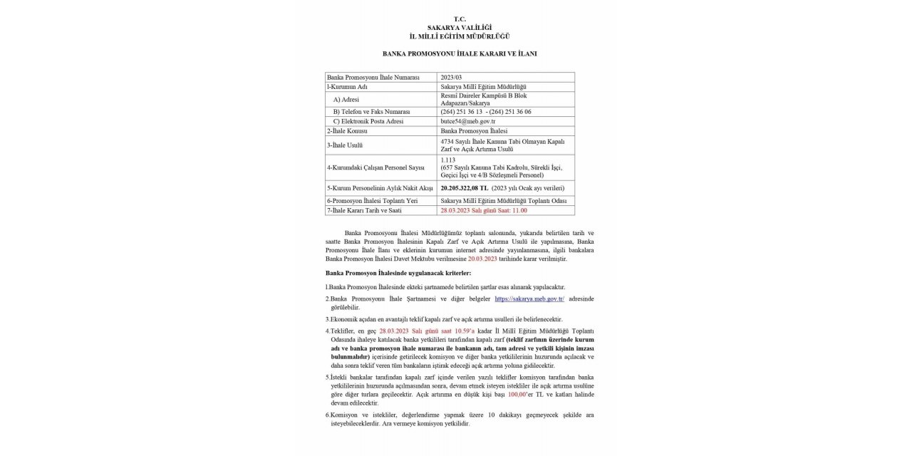 Sakarya İl Milli Eğitim, bin 113 personeli için banka promosyonu ihalesine çıkıyor