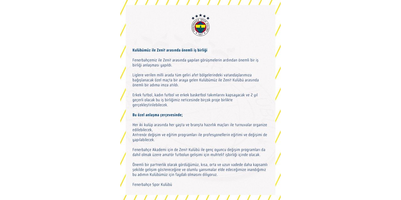 Fenerbahçe, Zenit ile 2 yıllık iş birliği anlaşması yaptı