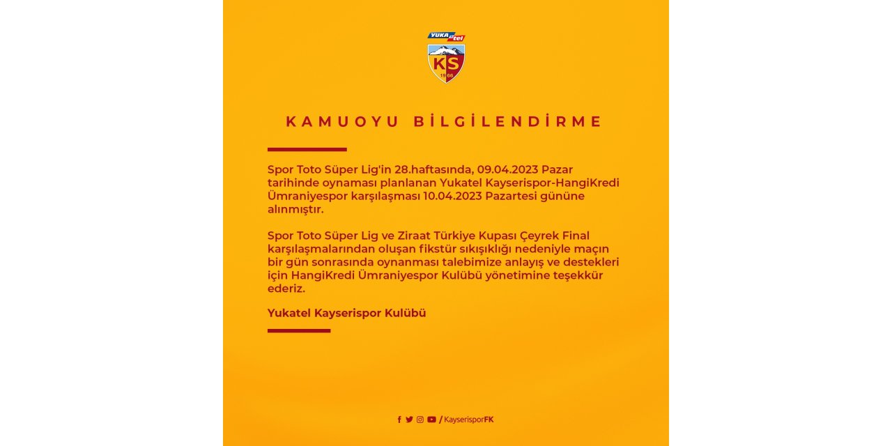 Kayserispor - Ümraniyespor maçı Pazartesi’ne alındı