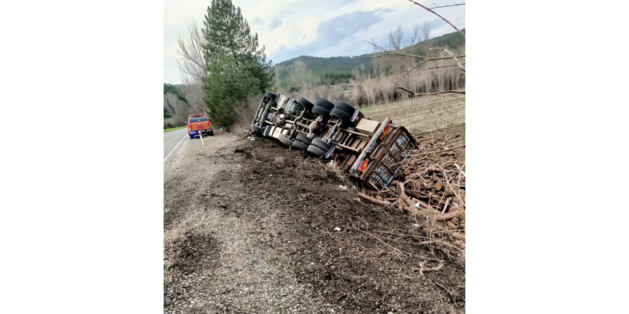 Virajı alamayan odun yüklü kamyon devrildi: 1 yaralı