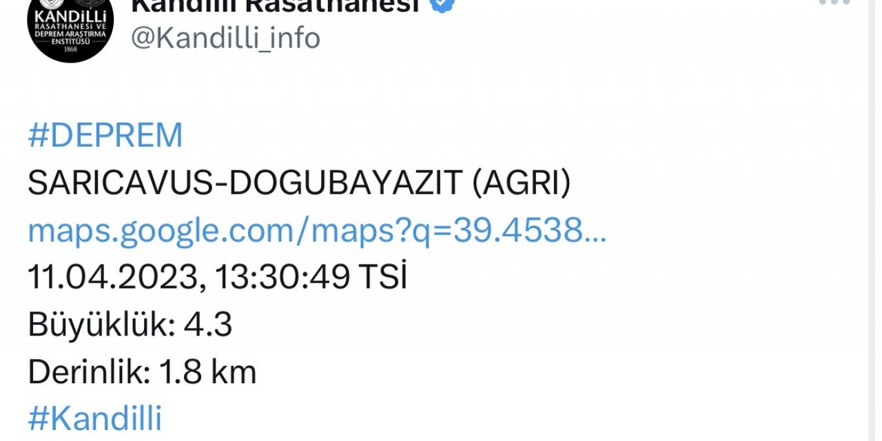 Ağrı’da 4.3 büyüklüğünde deprem