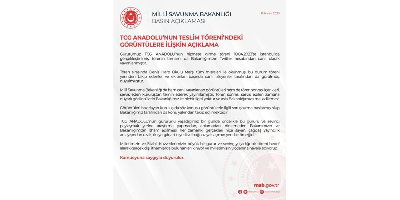 MSB’den TCG Anadolu’nun teslim törenindeki görüntülere ilişkin açıklama