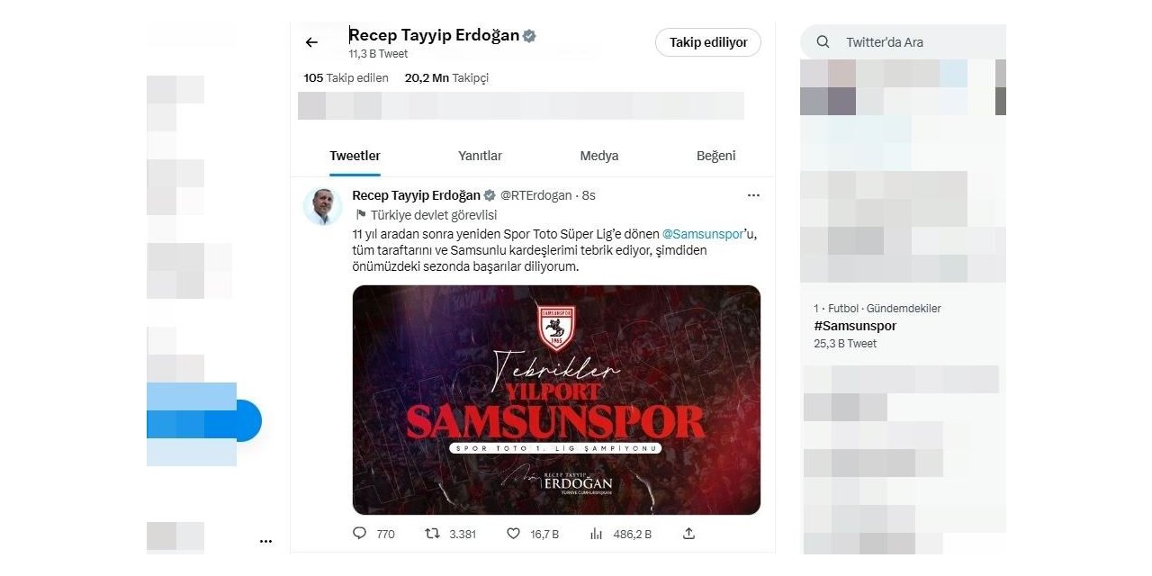 Cumhurbaşkanı Erdoğan’dan Samsunspor’a tebrik