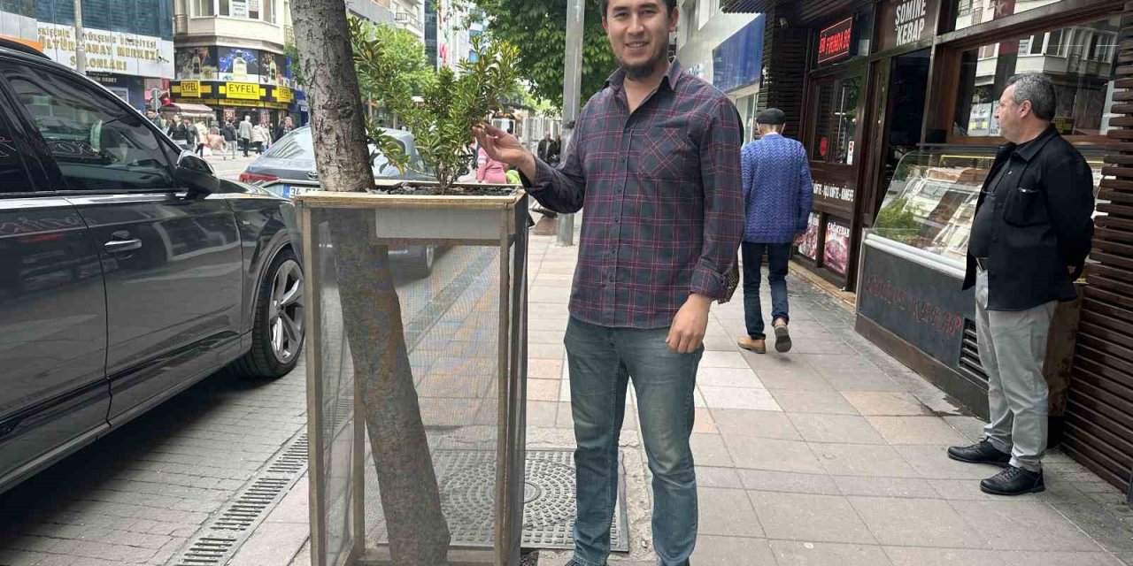 Ağaç zarar görmesin diye aldığı önlemle çevre esnafına da örnek oldu
