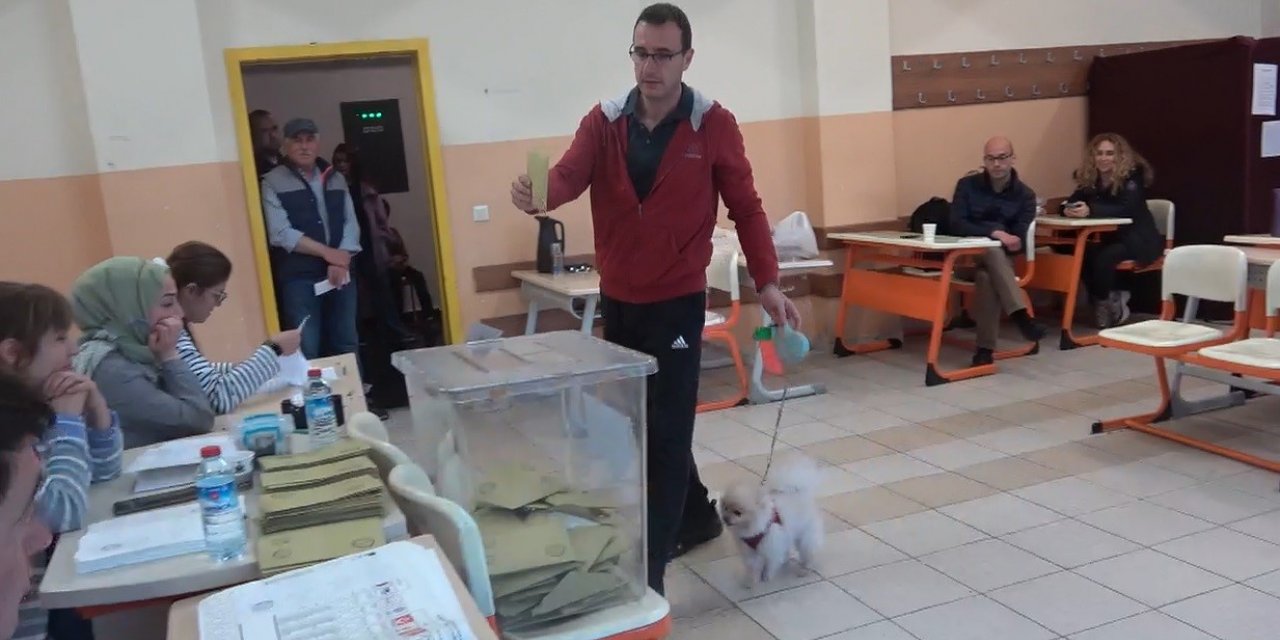 Oy kullanmaya köpeği ile geldi