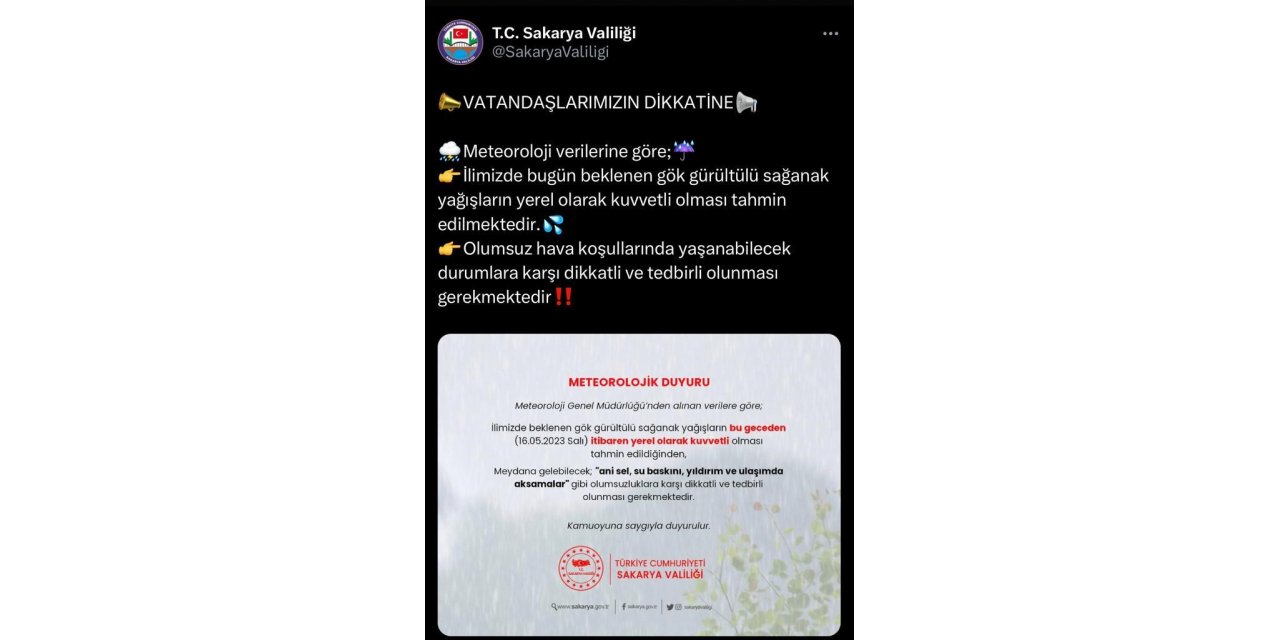 Sakarya Valiliği’nden sağanak yağış uyarısı