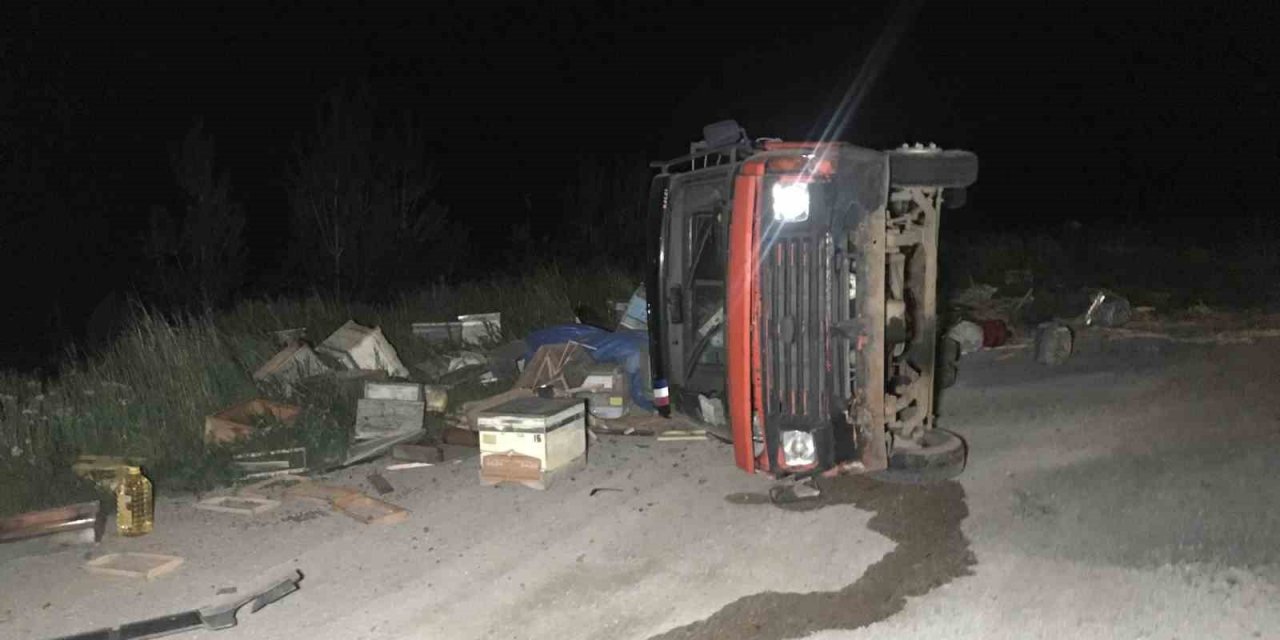 Arı kovanı yüklü pikap yan yattı, 60 kovan arı telef oldu