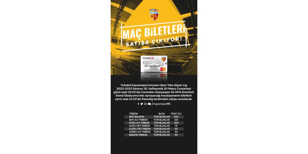 Kayserispor - Alanyaspor maç biletleri satışa çıktı