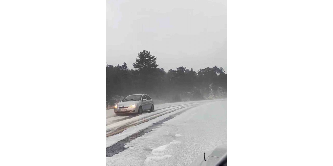 Dolu yağışı yolu beyaza bürüdü