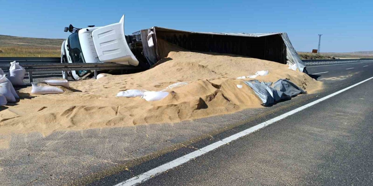 Tır devrildi tonlarca mısır kepeği yola savruldu: 2 yaralı