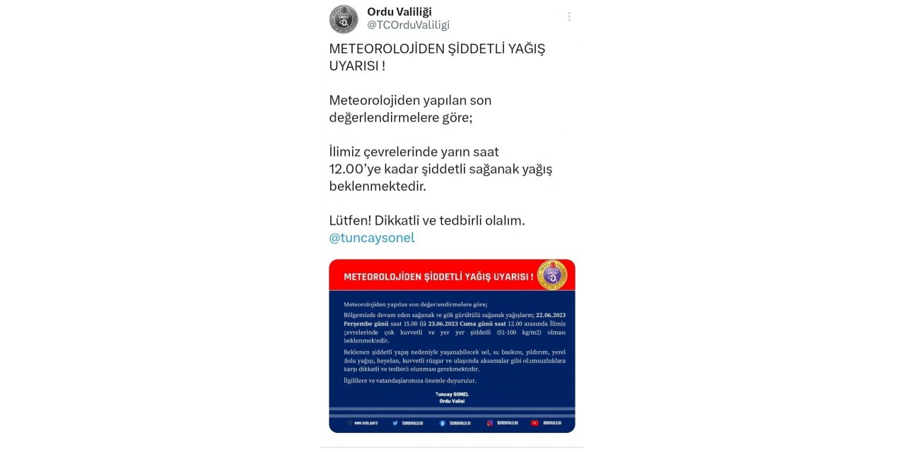 Ordu için çok kuvvetli ve şiddetli sağanak uyarısı