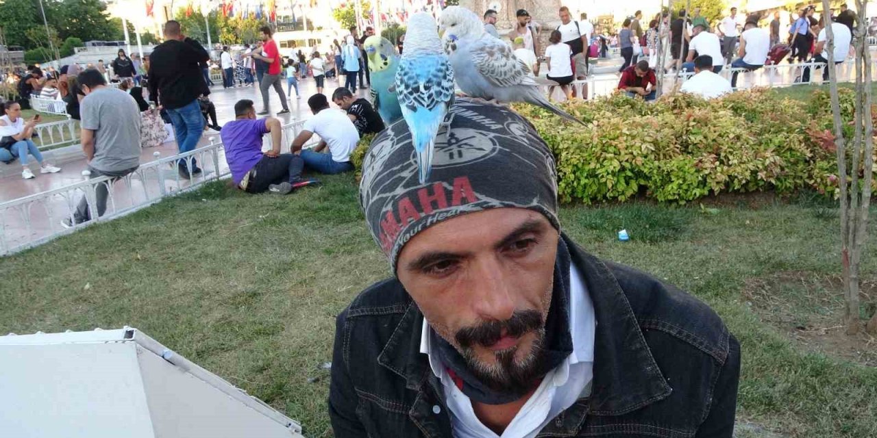 Başında gezdirdiği 3 muhabbet kuşuyla Taksim’de ilgi odağı oldu