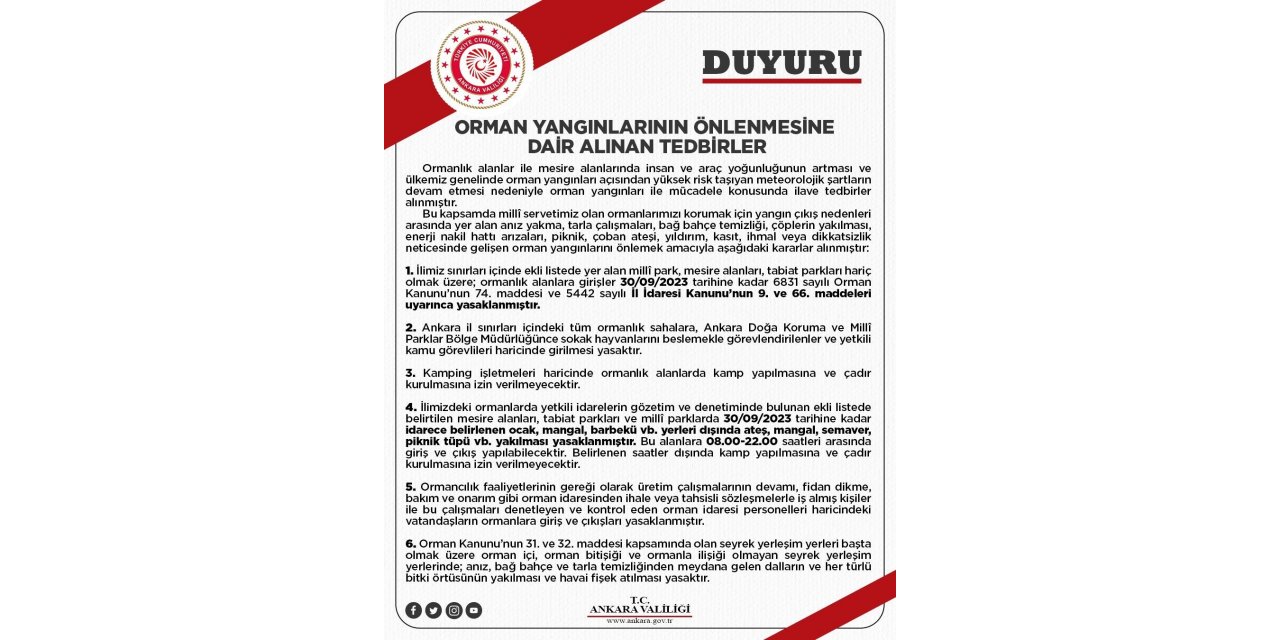 Ankara’da ormanlık alanlara girişler 30 Eylül’e kadar yasaklandı