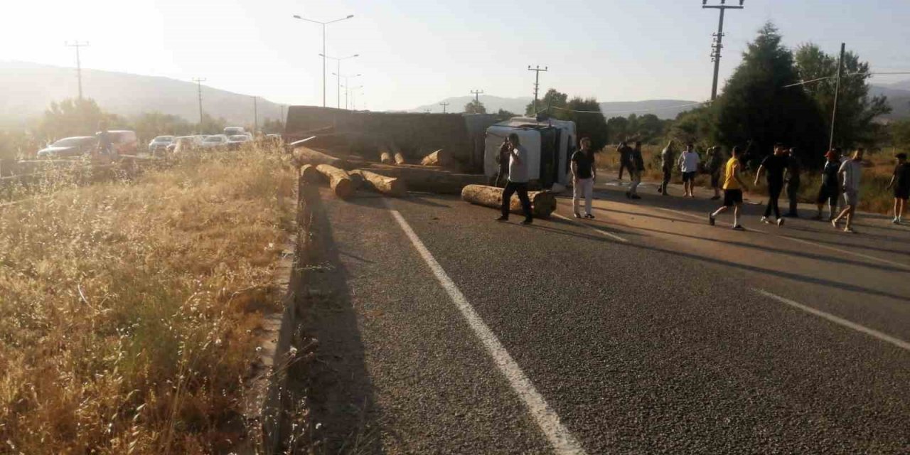 Tomruk yüklü tır devrildi, tomruklar yola saçıldı