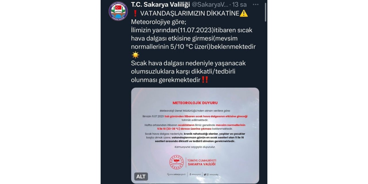Sakarya Valiliği bu kez sıcak hava için uyardı