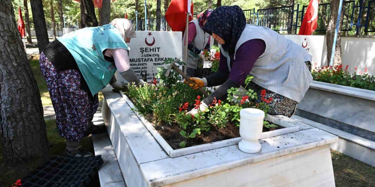 Isparta Belediyesi şehit kabirlerini çiçeklerle donattı