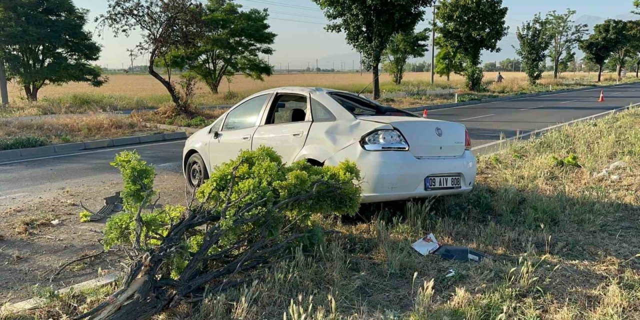 Ağaçları devirerek durabilen otomobilde 2 kişi yaralandı