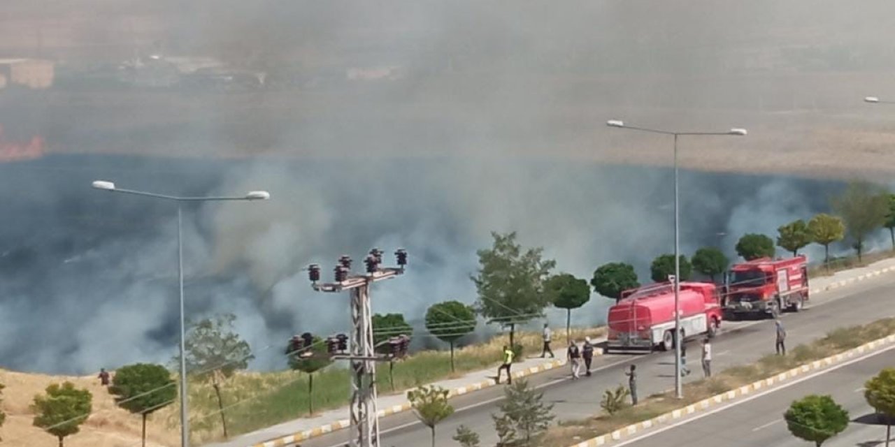 Buğday tarlası alev alev yandı