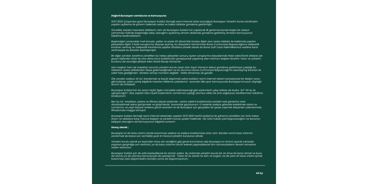 Ali Ay’dan Bursaspor Başkanı Recep Günay’a sert cevap