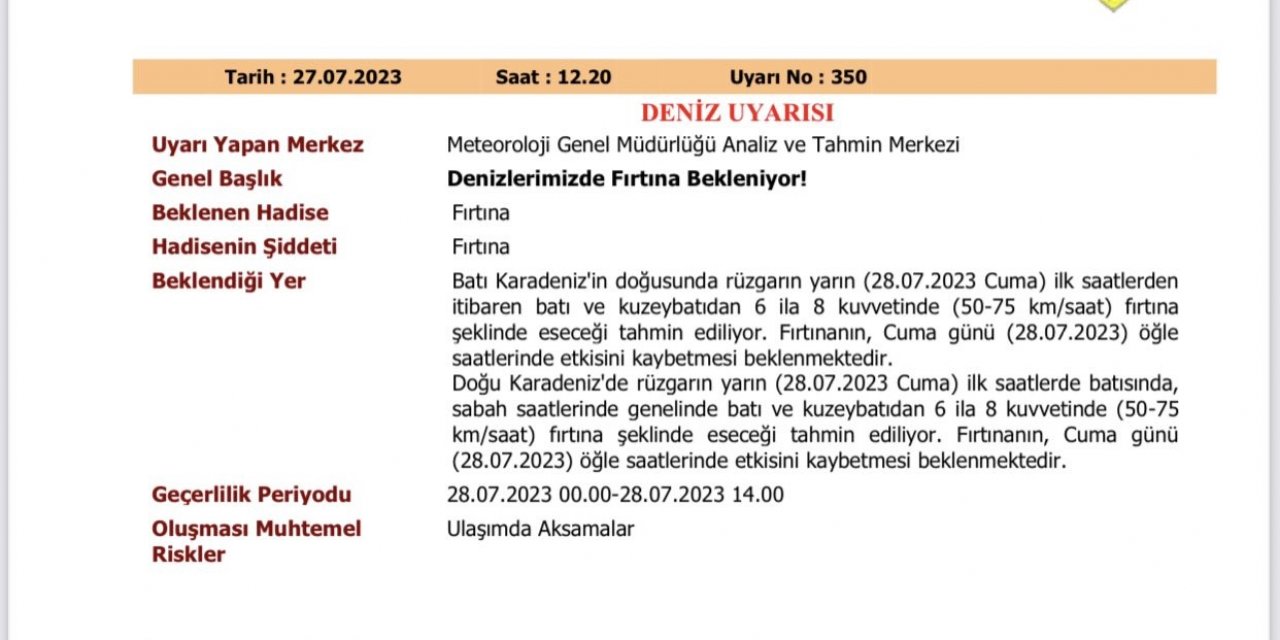 Karadeniz’de fırtına uyarısı