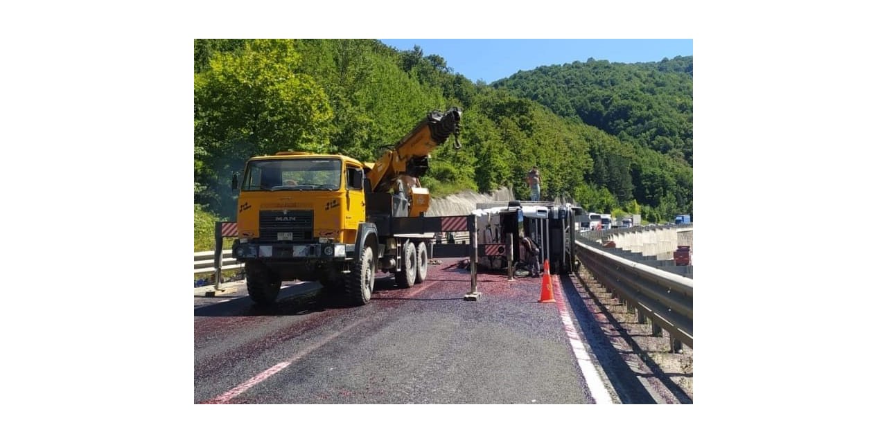 Kiraz yüklü kamyon devrildi, tonlarca meyve yola saçıldı