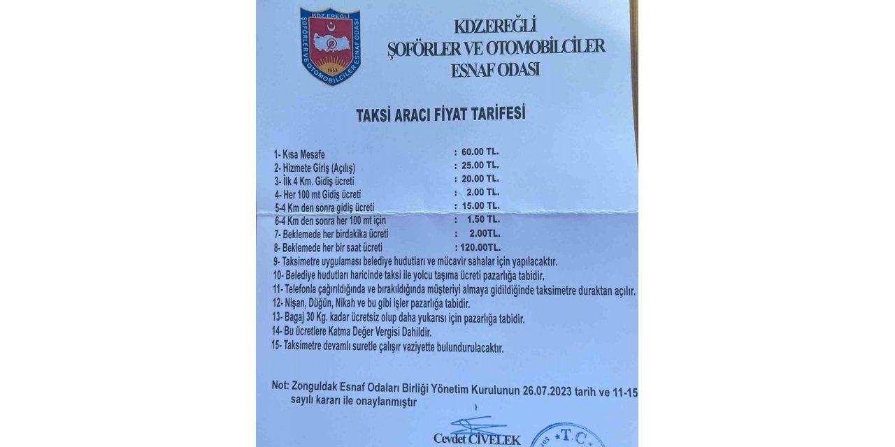 Kdz.Ereğli’de taksi ücretlerine zam geldi