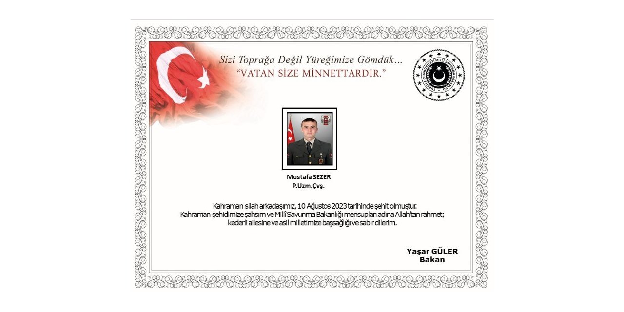 Bakan Güler’den şehit uzman çavuş için taziye mesajı